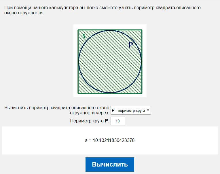 Вычислить площадь квадрата описанного около окружности через P - периметр круга