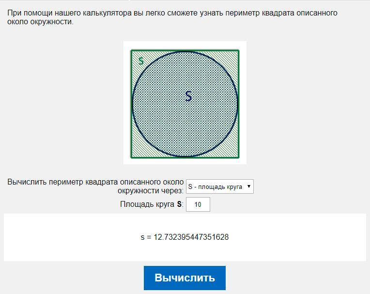 Вычислить площадь квадрата описанного около окружности через S - площадь круга