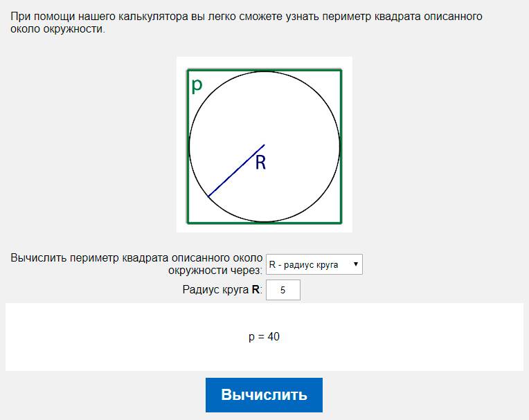 Вычислить периметр квадрата описанного около окружности через R - радиус круга