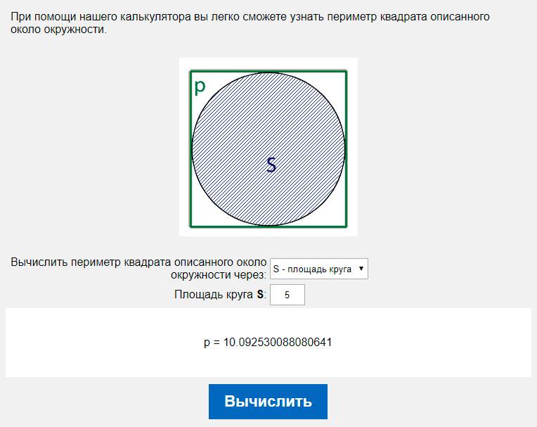 Вычислить периметр квадрата описанного около окружности через S - площадь круга
