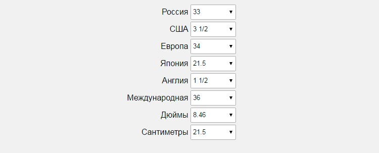 Конвертер единиц размеров мужской обуви