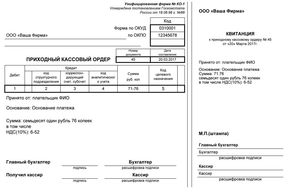 Приходный кассовый ордер КО-1